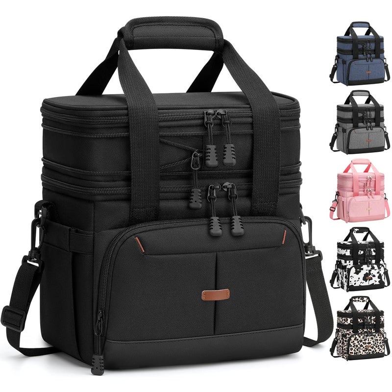 Pritent Lunch Box For Men Women Double Deck Insulated Lunch Bag For Men Woman Leakproof Expandable Cooler Bag with Adjustable Shoulder Strap for Work Picnic SchoolBlackMedium - Image 2