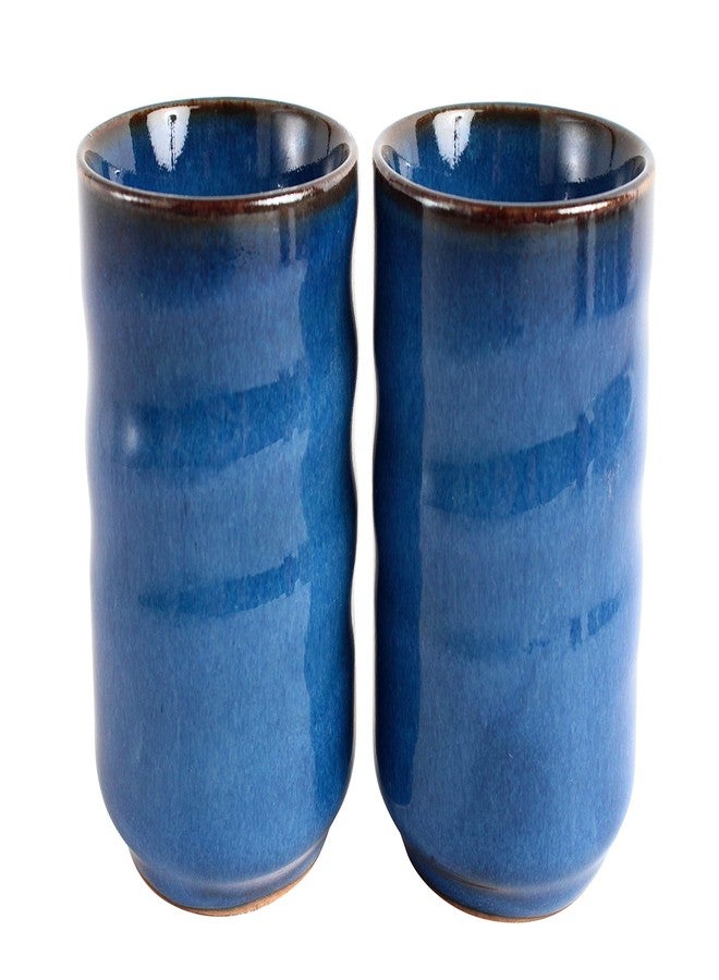 Minoribo Mino ware Japanese Pottery Pair Short Yunomi Chawan Tea Cup made in Japan (Japan Import) SZY102 (Glossy Navy) - Image 1