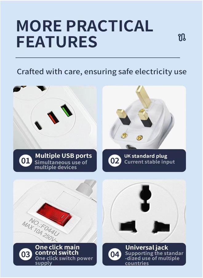 HOMESTAR Power Strips Extension Cord 4 Outlets, Universal Plug Adapter with 3 USB Ports Surge Protector, Charging Socket 2M Lead Multiple Function - Image 3