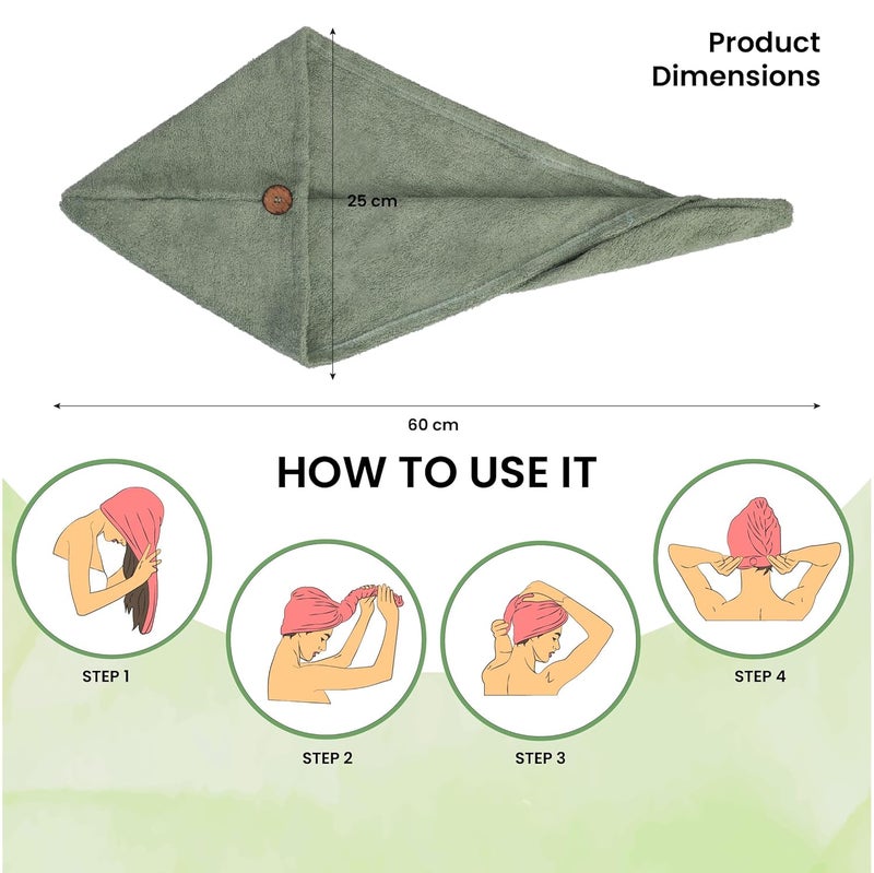 Mush Bamboo Hair Towel Wrap  Absorbent Towel HairDrying  Hair Care Combo  Super QuickDrying Adjustable Buttons to Wrap Around Hair 500 GSM Olive Green - Image 3