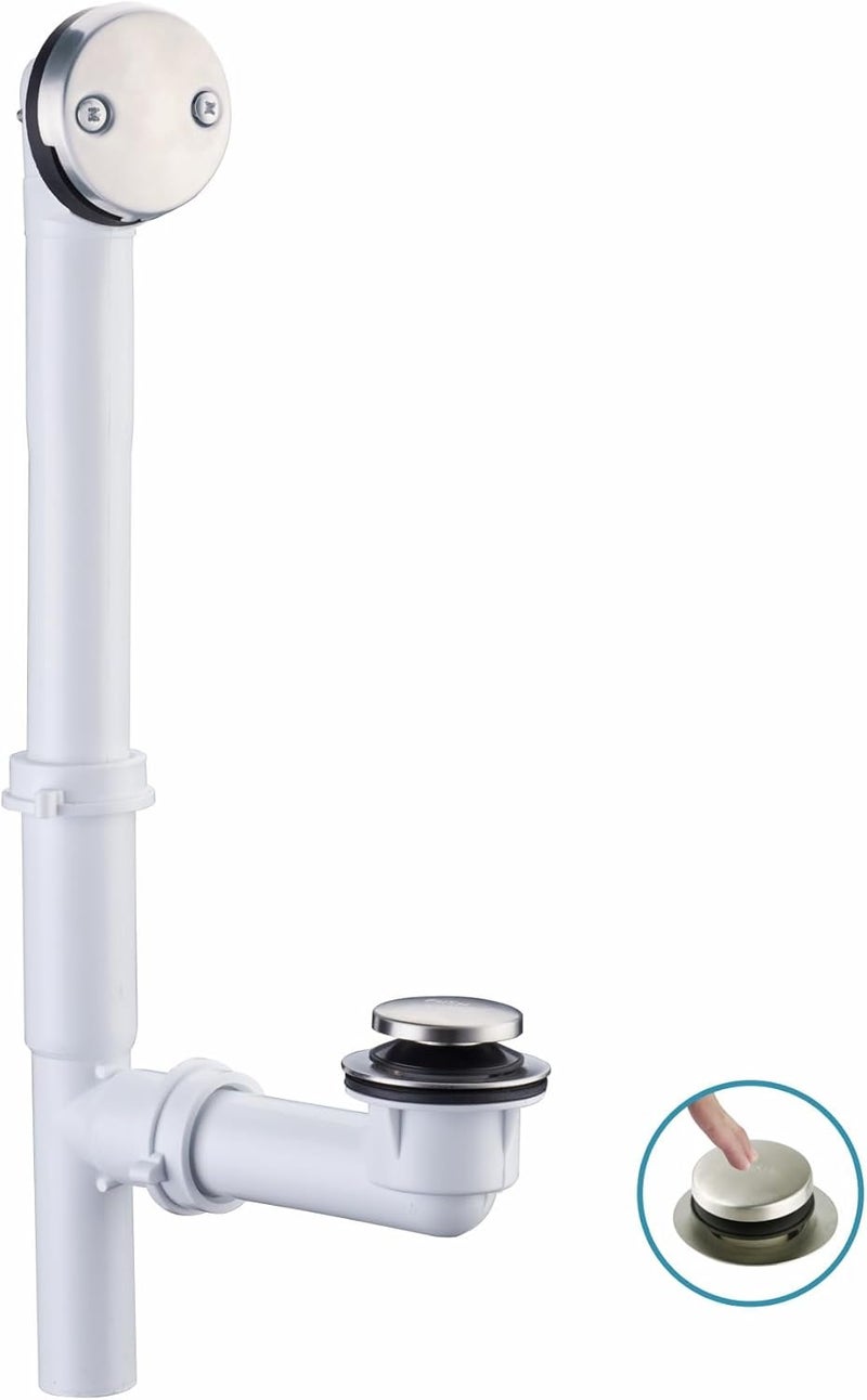 WELSAN طقم تصريف حوض الاستحمام الأنبوب 1-1/2" مع سدادة حوض الاستحمام ذات الرأس المفرغ، وصمام تصريف الحوض، وغطاء تصريف الفائض، وأنبوب بلاستيكي PVC (نيكل مصقول) - Image 1