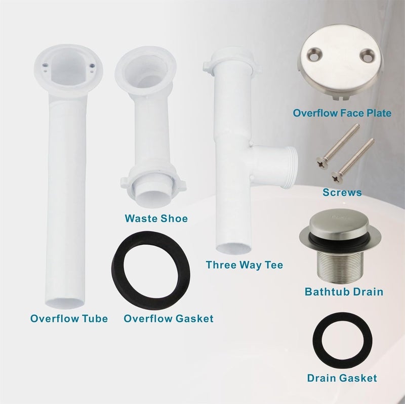 WELSAN طقم تصريف حوض الاستحمام الأنبوب 1-1/2" مع سدادة حوض الاستحمام ذات الرأس المفرغ، وصمام تصريف الحوض، وغطاء تصريف الفائض، وأنبوب بلاستيكي PVC (نيكل مصقول) - Image 5