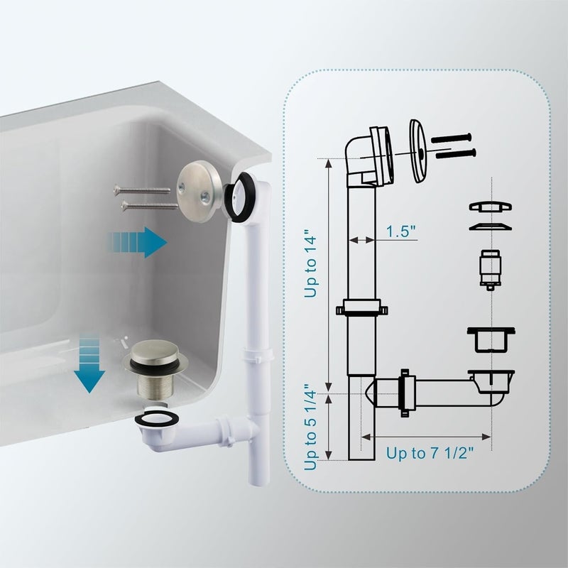 WELSAN طقم تصريف حوض الاستحمام الأنبوب 1-1/2" مع سدادة حوض الاستحمام ذات الرأس المفرغ، وصمام تصريف الحوض، وغطاء تصريف الفائض، وأنبوب بلاستيكي PVC (نيكل مصقول) - Image 4