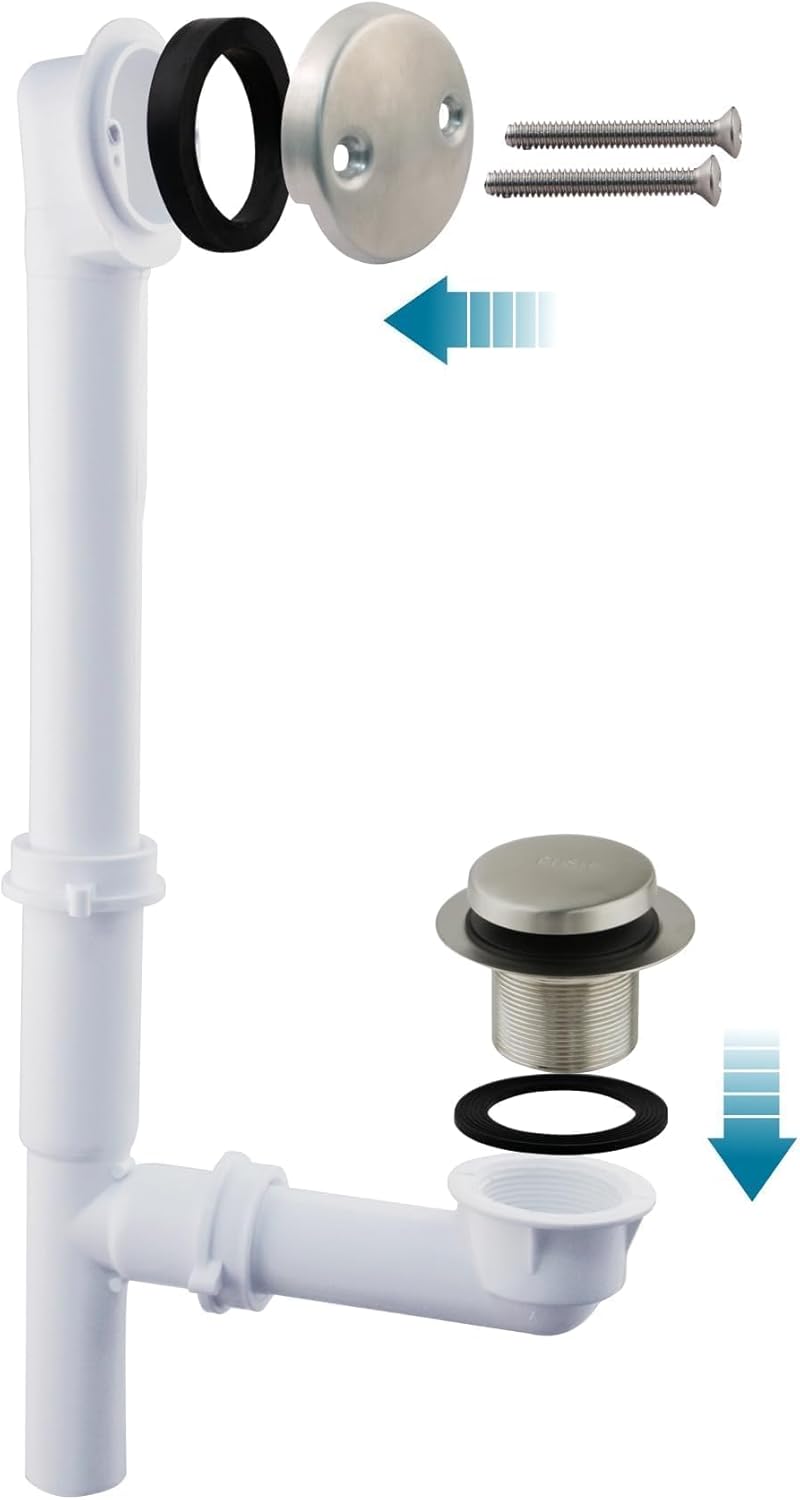 WELSAN طقم تصريف حوض الاستحمام الأنبوب 1-1/2" مع سدادة حوض الاستحمام ذات الرأس المفرغ، وصمام تصريف الحوض، وغطاء تصريف الفائض، وأنبوب بلاستيكي PVC (نيكل مصقول) - Image 3