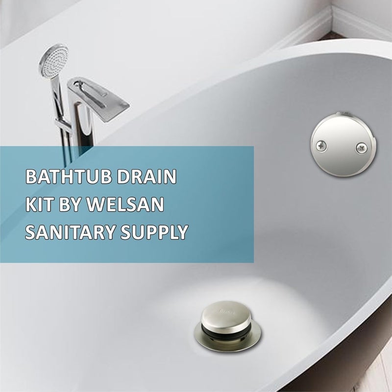 WELSAN طقم تصريف حوض الاستحمام الأنبوب 1-1/2" مع سدادة حوض الاستحمام ذات الرأس المفرغ، وصمام تصريف الحوض، وغطاء تصريف الفائض، وأنبوب بلاستيكي PVC (نيكل مصقول) - Image 2