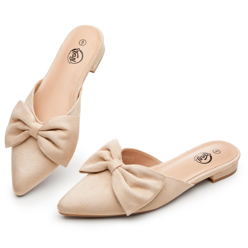 Trary Mules for Women Flats Comfortable Bow Pointed Toe Womens Mules Cream Size 8 - Image 1