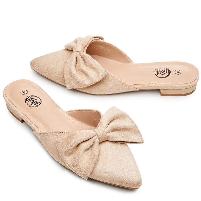 Trary Mules for Women Flats Comfortable Bow Pointed Toe Womens Mules Cream Size 8 - Image 5