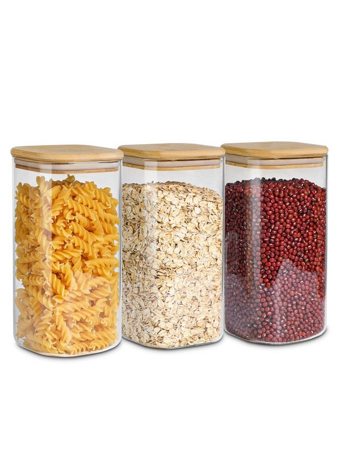 ComSaf Airtight Glass Storage Canister with Wood Lid (51 oz), Clear Food Storage Container Jar with Sealing Lids for Oat Pasta Flour Cereal Rice Sugar Tea Coffee Beans, Set of 3 Square Cookie Jar - Image 1