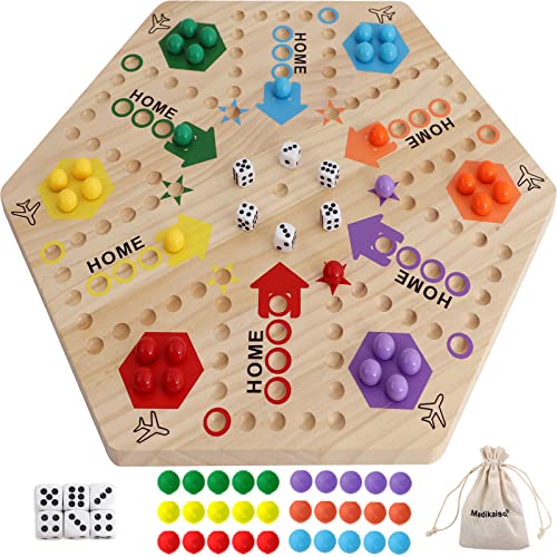 Medikaison Large Size Original Marble Game Solid Wood 20 inch Wahoo Board Game Double Sided Painted Wooden Fast Track for 6 and 4 Players 6 Colors 24 Marbles 6 Dice for Family Friend - Image 1