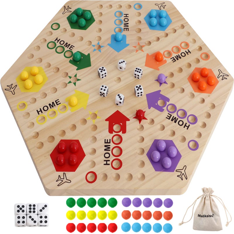 Medikaison Large Size Original Marble Game Solid Wood 20 inch Wahoo Board Game Double Sided Painted Wooden Fast Track for 6 and 4 Players 6 Colors 24 Marbles 6 Dice for Family Friend - Image 3