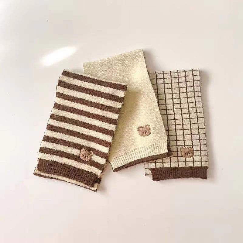 Children'S Woolen Scarf Korean Style Color-Blocked Stripesd Knitted Embroidered Korean Bear Cute Woolen Scarf For Boys And Girls - Image 2