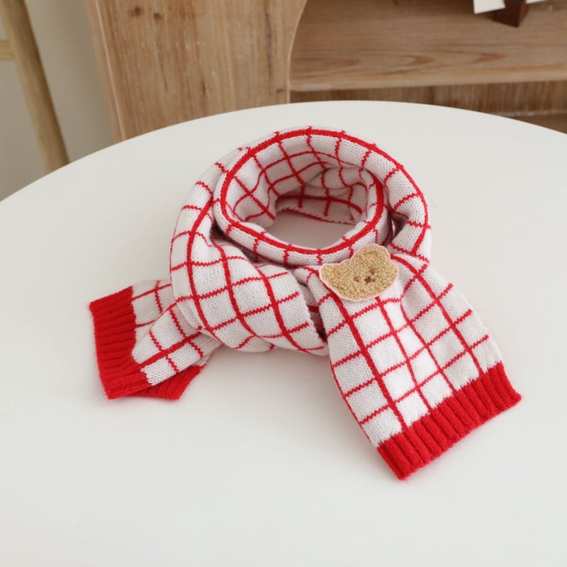 Children'S Woolen Scarf Korean Style Color-Blocked Stripesd Knitted Embroidered Korean Bear Cute Woolen Scarf For Boys And Girls - Image 1