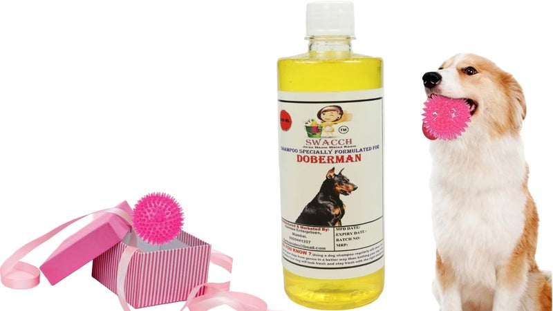 swacch Shampoo | Puppy Safe Shampoo | PH Balanced | Ditch to Itch for Doberman Shampoo 500ml (Lemon) + Spike Ball Chew Toy Combo Pack - Image 1