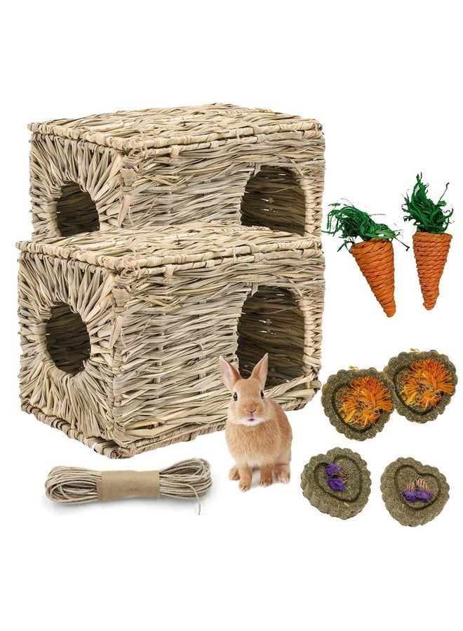 kathson 2 Pcs Large Rabbit Grass House Natural Foldable Hand Woven Seagrass Bed Carrot Hay Toy Hut Safe Comfortable Playhouse with Bunny Chew Toys for Bunny Hamster Guinea Pig Chinchilla Ferret - Image 1