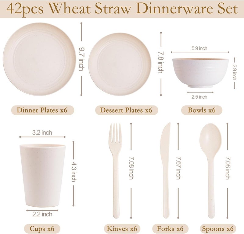 ejonirinjonir طقم أدوات المائدة من القش 42 قطعة مكون من 6 أطباق وأوعية بلاستيكية قابلة لإعادة الاستخدام غير قابلة للكسر للطعام لطقم مكون من 6 أشخاص - Image 2