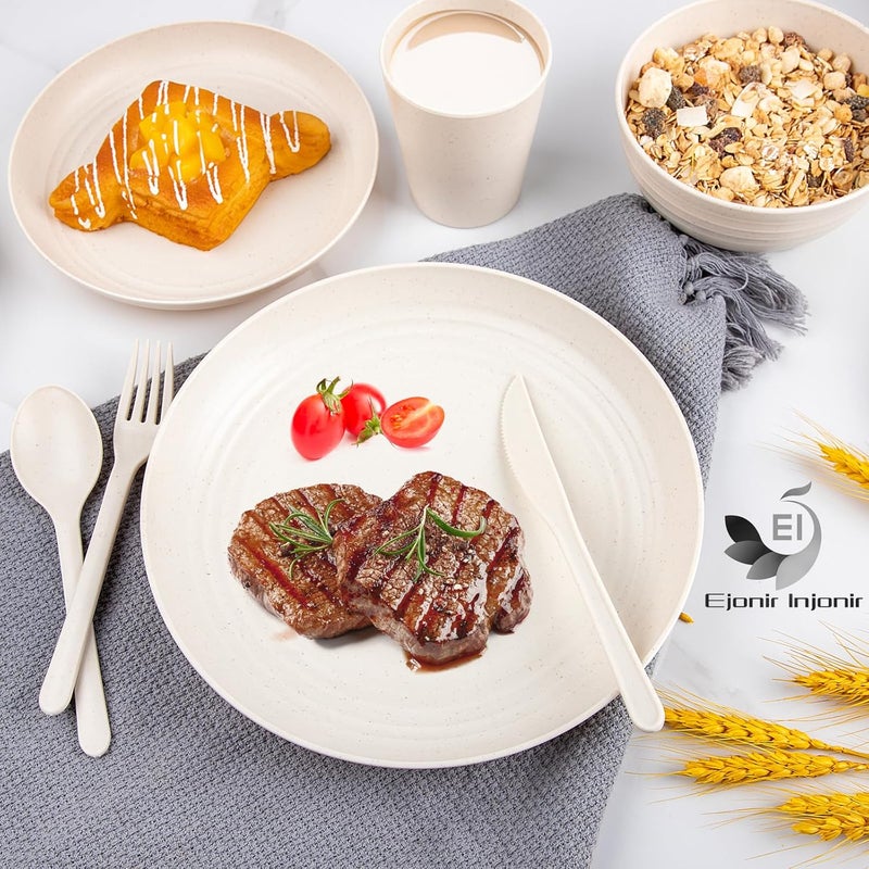 ejonirinjonir طقم أدوات المائدة من القش 42 قطعة مكون من 6 أطباق وأوعية بلاستيكية قابلة لإعادة الاستخدام غير قابلة للكسر للطعام لطقم مكون من 6 أشخاص - Image 4