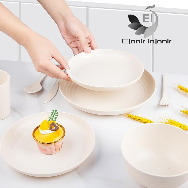 ejonirinjonir طقم أدوات المائدة من القش 42 قطعة مكون من 6 أطباق وأوعية بلاستيكية قابلة لإعادة الاستخدام غير قابلة للكسر للطعام لطقم مكون من 6 أشخاص - Image 3