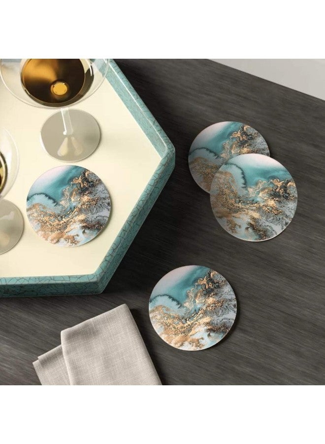 WAOKN Set of 4 Marble Pattern Coasters - Round Drink Absorbent Stone Coasters Set with Ceramic Stone and Cork Base Tabletop Protector for Various Cups (Blue)  - Image 2