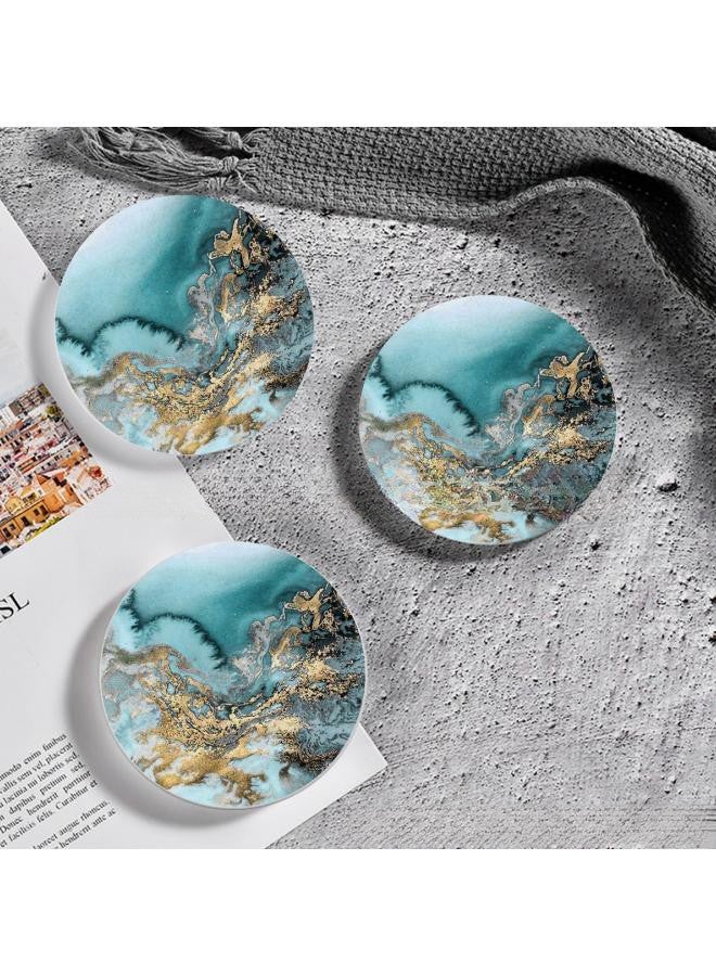 WAOKN Set of 4 Marble Pattern Coasters - Round Drink Absorbent Stone Coasters Set with Ceramic Stone and Cork Base Tabletop Protector for Various Cups (Blue)  - Image 3