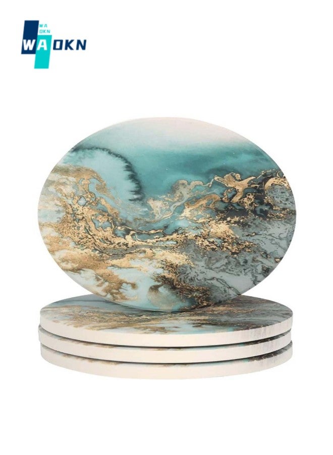 WAOKN Set of 4 Marble Pattern Coasters - Round Drink Absorbent Stone Coasters Set with Ceramic Stone and Cork Base Tabletop Protector for Various Cups (Blue)  - Image 1