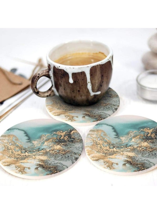 WAOKN Set of 4 Marble Pattern Coasters - Round Drink Absorbent Stone Coasters Set with Ceramic Stone and Cork Base Tabletop Protector for Various Cups (Blue)  - Image 5