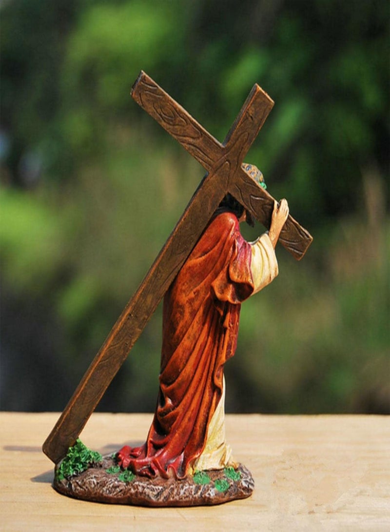 GGOOT Jesus Carrying Cross Statue Resin Ornaments, Jesus Cross Figure, Jesus with Cross Catholic Statues of Jesus Calvary, Hand-Painted Jesus Ornament Church Decorations, Religious Statues Christian Gift - Image 3
