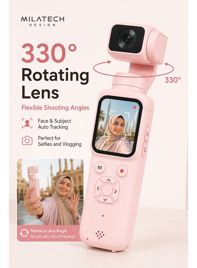 Milatech 4K 75MP Pocket Camera for Vlogging, DJI Pocket Alternative, Handheld Vlog Camera with 330° Rotating Lens, WiFi, Face Tracking, 1.72" Touch Screen, 64GB TF Card, Portable Pocket Camcorder for Travel & Daily Recording - Image 4