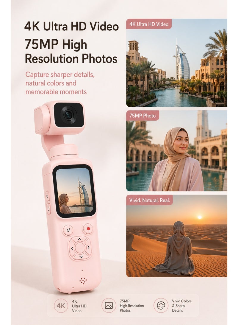Milatech 4K 75MP Pocket Camera for Vlogging, DJI Pocket Alternative, Handheld Vlog Camera with 330° Rotating Lens, WiFi, Face Tracking, 1.72" Touch Screen, 64GB TF Card, Portable Pocket Camcorder for Travel & Daily Recording - Image 5
