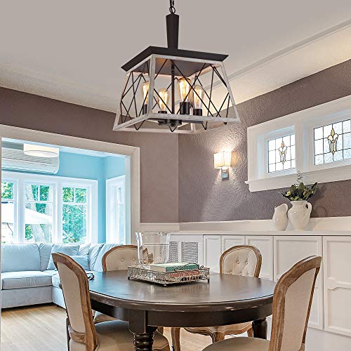 QS Q&S Farmhouse Vintage Chandelier, Rustic Pendant Light,Industrial Hanging Light Fixture for Dining Room Kitchen Island,Wrought Iron,ORB+Oak White 4 Lights E26 UL Listed - Image 5