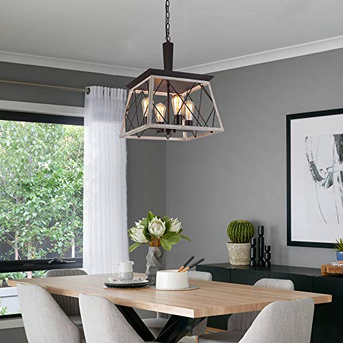 QS Q&S Farmhouse Vintage Chandelier, Rustic Pendant Light,Industrial Hanging Light Fixture for Dining Room Kitchen Island,Wrought Iron,ORB+Oak White 4 Lights E26 UL Listed - Image 4