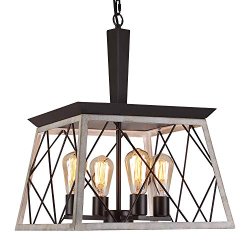 QS Q&S Farmhouse Vintage Chandelier, Rustic Pendant Light,Industrial Hanging Light Fixture for Dining Room Kitchen Island,Wrought Iron,ORB+Oak White 4 Lights E26 UL Listed - Image 2