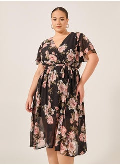 Styli Plus Size Floral Print Flared Sleeves Wrap Midi Dress  - Image 3