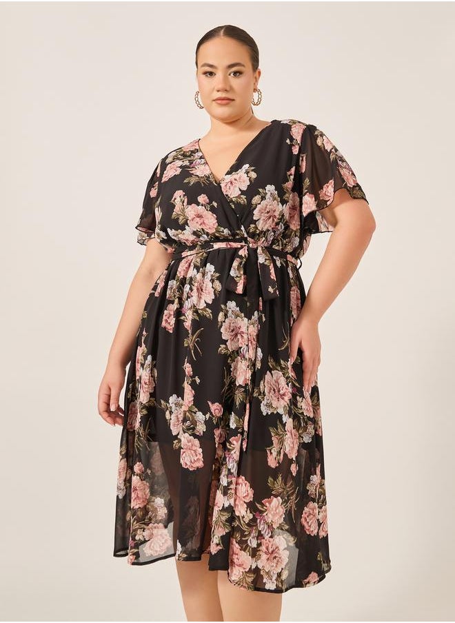 Plus Size Floral Print Flared Sleeves Wrap Midi Dress