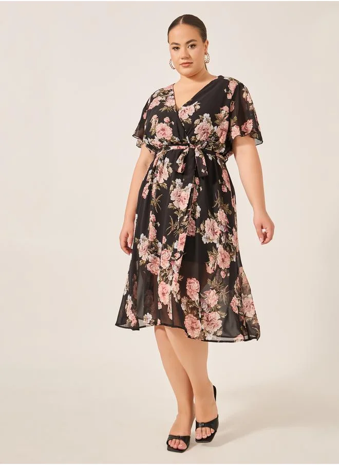 Styli Plus Size Floral Print Flared Sleeves Wrap Midi Dress