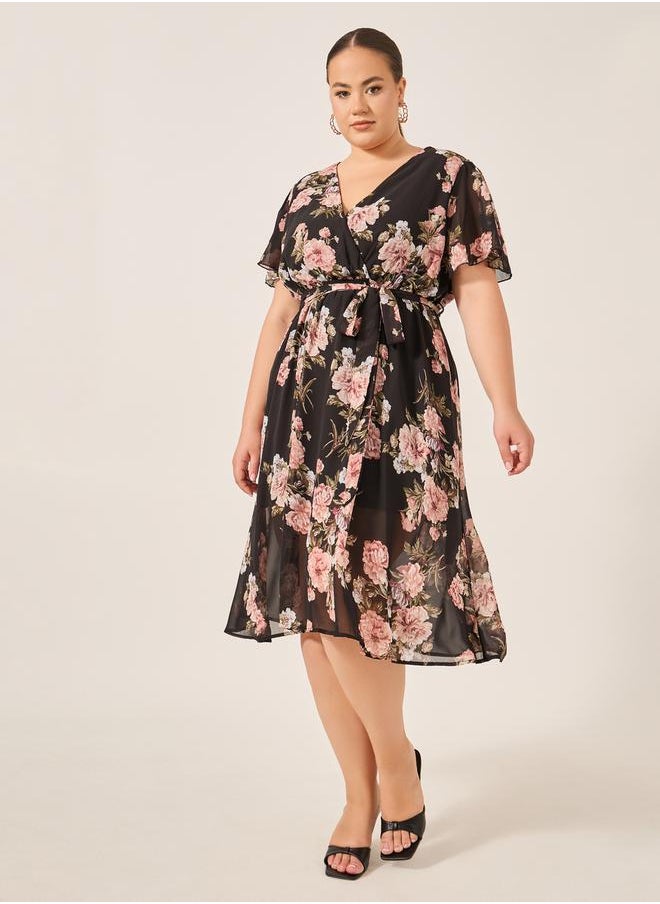 Plus Size Floral Print Flared Sleeves Wrap Midi Dress