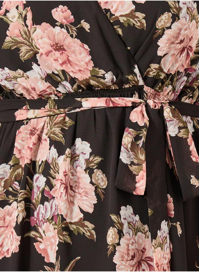 Plus Size Floral Print Flared Sleeves Wrap Midi Dress