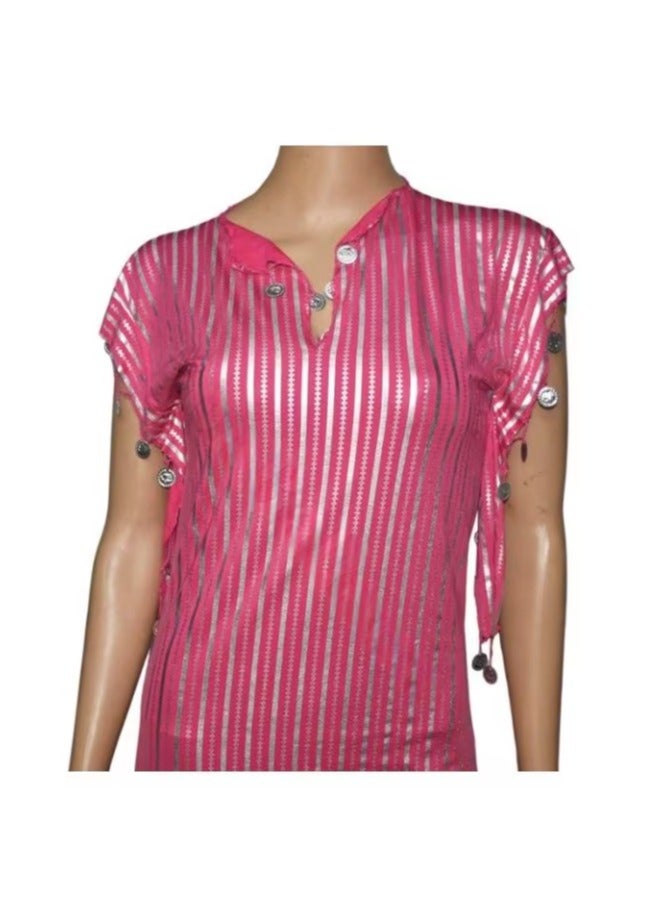 Egyptian Belly Dance Folkloric Dancing Outfit Gallabiyah Oriental Abaya Dress (Fushia x Silver) - Image 2