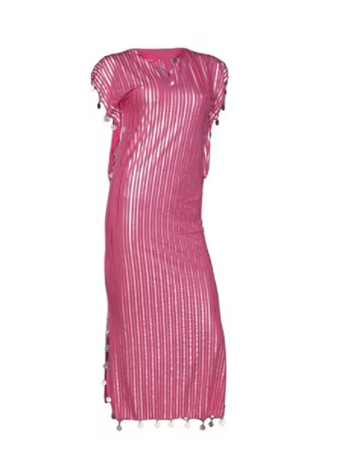 Egyptian Belly Dance Folkloric Dancing Outfit Gallabiyah Oriental Abaya Dress (Fushia x Silver) - Image 1