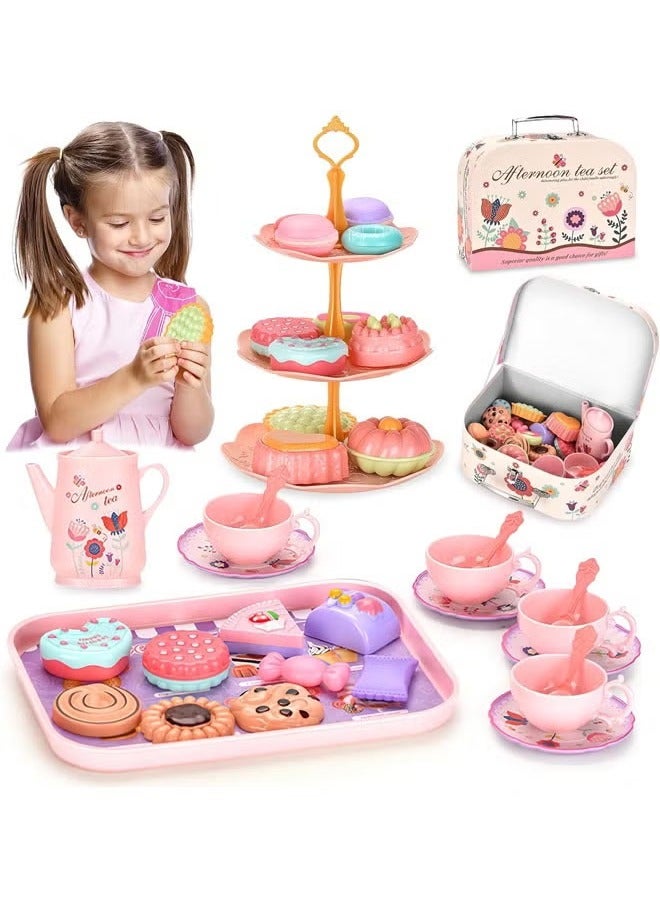 Tea Set for Little Girls, Birthday Gift for Age 3+ Years Old, Toddler Toys Tea Party Set for Little Girls, Princess Kids Kitchen Pretend Toy with Tin Tea Set, Desserts & Carrying Case - Image 2