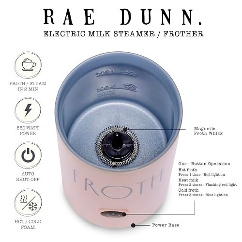 Rae Dunn Electric Milk Frother Steamer -Stylish Automatic Milk Steamer and Frother, Milk Warmer, Hot and Cold Foam Maker for Coffee, Latte, Cappuccino, Macchiato - 550 Watt (Blush) - Image 3