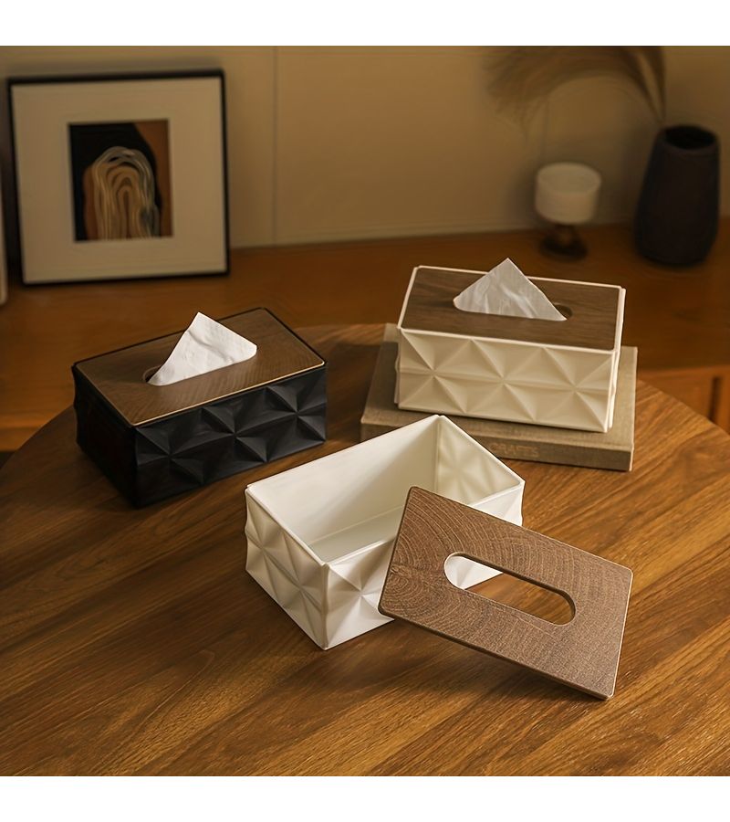 Milky White Minimalist Style Paper Towel Box Wooden Lid Diamond Pattern Design Large Capacity Paper Towel Holder Desktop Storage Rack For Bathroom Home Decor - Image 5