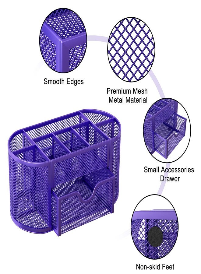 EasyPAG Mesh Pen Holder Desk Organizer with Drawer Stationery Supplies Organizer for Dorm School 9 Compartments Workspace Desk Accessories Organization for Office, Purple - Image 4