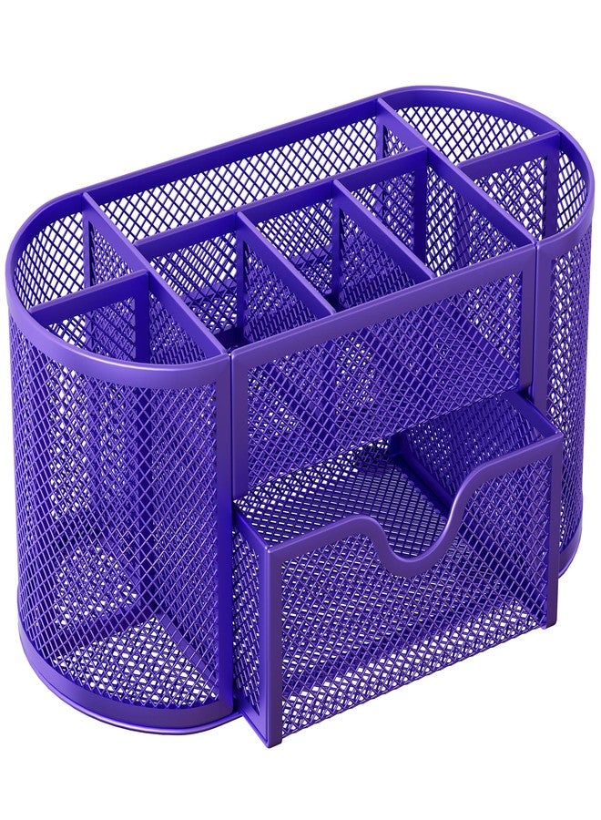 EasyPAG Mesh Pen Holder Desk Organizer with Drawer Stationery Supplies Organizer for Dorm School 9 Compartments Workspace Desk Accessories Organization for Office, Purple - Image 2