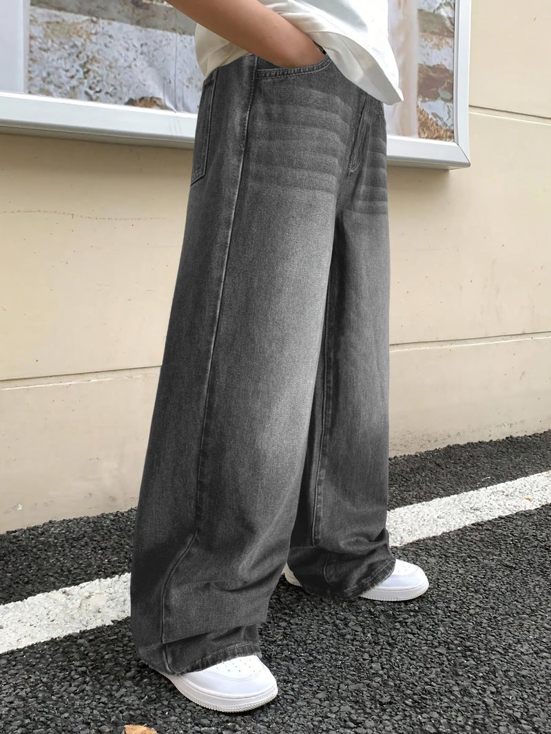 Vintage Grey Washed Denim Men's Loose Wide-Leg Pants Street Casual Y2K - Image 3