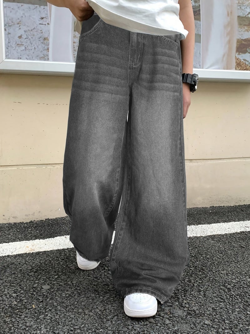 Vintage Grey Washed Denim Men's Loose Wide-Leg Pants Street Casual Y2K - Image 4