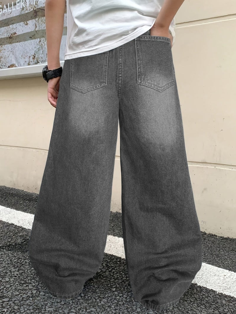 Vintage Grey Washed Denim Men's Loose Wide-Leg Pants Street Casual Y2K - Image 5