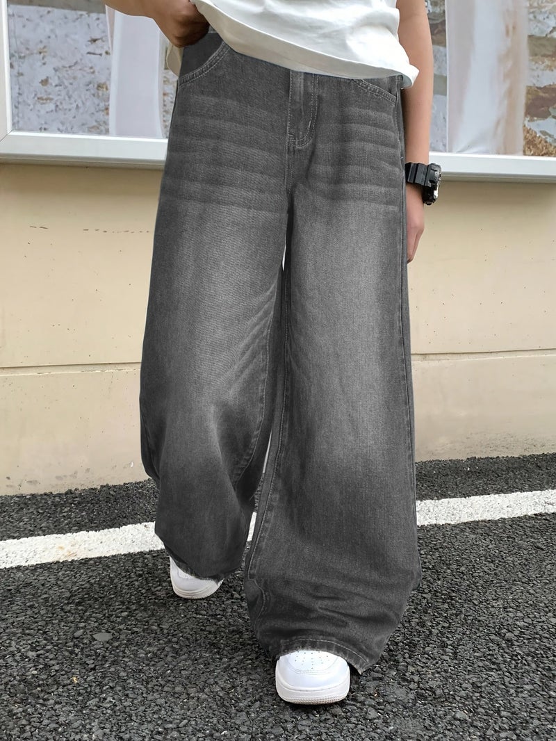 Vintage Grey Washed Denim Men's Loose Wide-Leg Pants Street Casual Y2K - Image 2