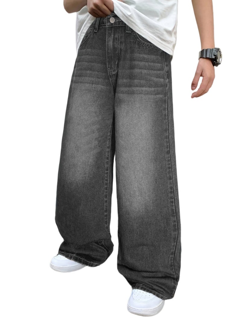 Vintage Grey Washed Denim Men's Loose Wide-Leg Pants Street Casual Y2K - Image 1