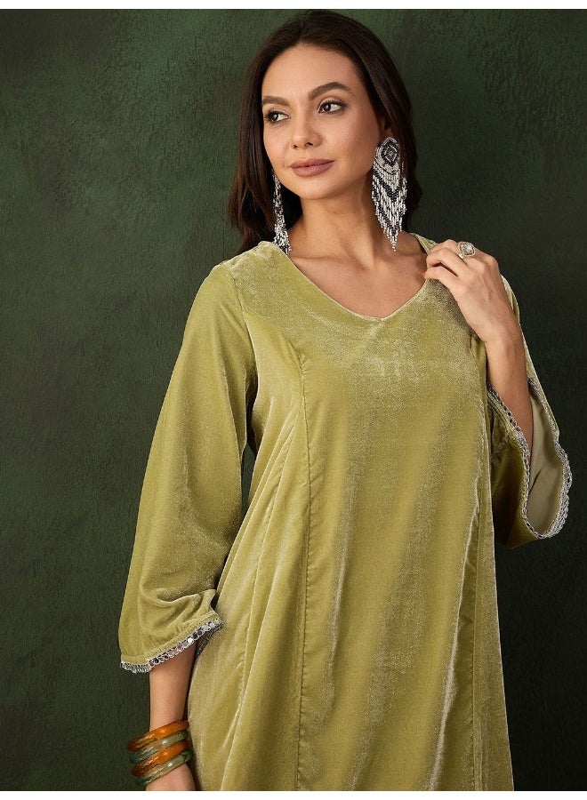 AKS Mehendi Green Velvet Pakistani Salwar Kurta With MirrorDetail - Image 3