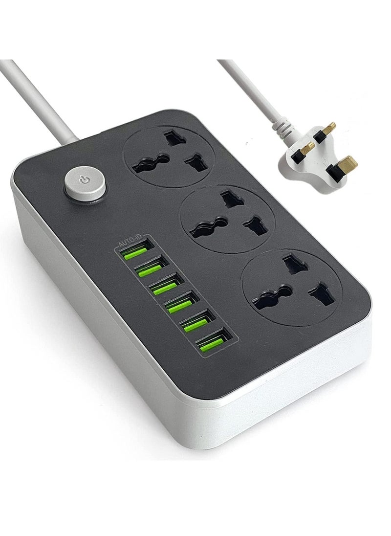 ELTRAZONE Universal Power Strips Extension Cord 3 Outlets, Power Socket with 6 USB Ports Charging Socket with 2M Bold Extension Cord  - Image 1